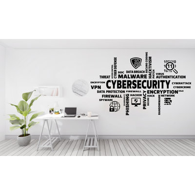 Décalcomanie murale nuage de mots «Cybersecurité» | Autocollant de pirate en vinyle Hacker, Encryptage, Malware & Tech | Décoration de bureau Cyber Security personnalisée 624DLU