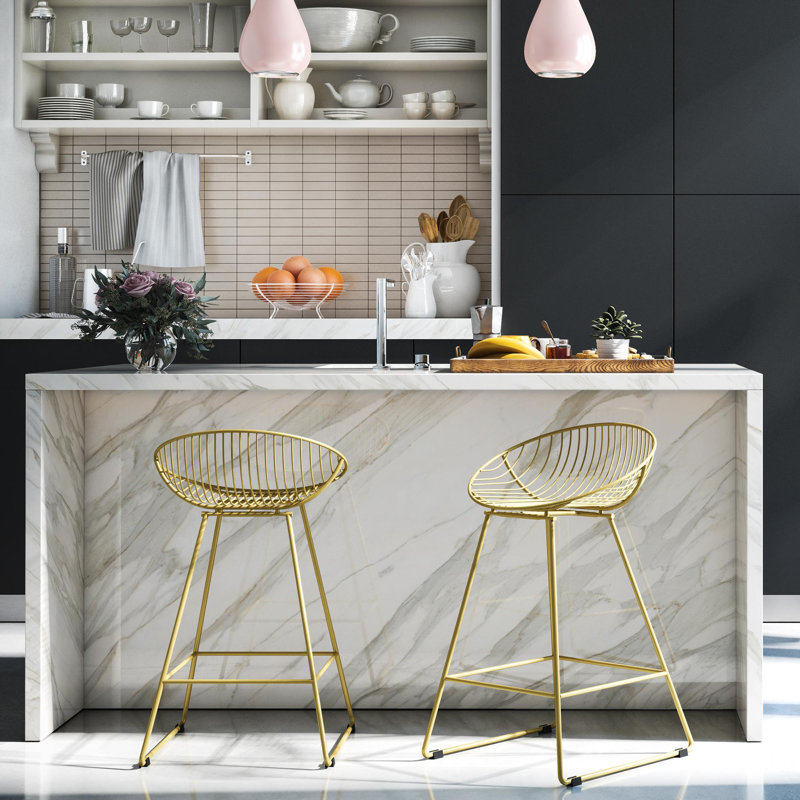 Counter Stool with Metal Frame, Brushed Brass Gold