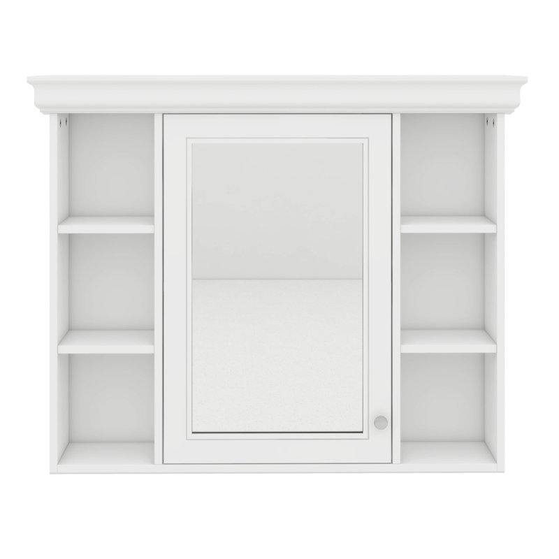 Armoire de rangement murale 35 po x 28 po avec porte miroir et 6 étagères ouvertes, Blanc