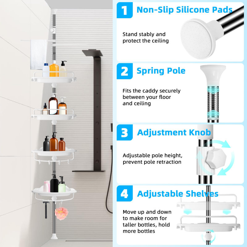 32-122Inch Corner Shower Caddy Tension Pole, White