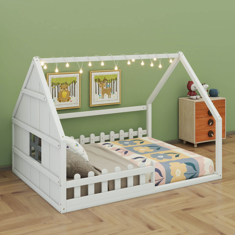 Lit double en bois pleine grandeur avec fenêtre décorative, Blanc