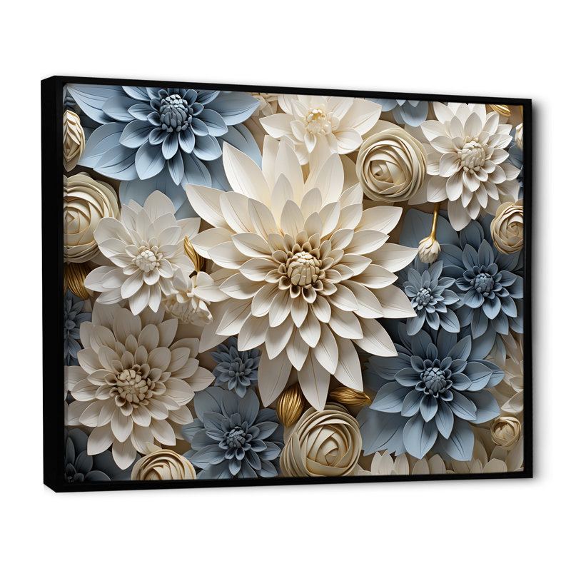 «Simplicity Mums Bloom» en beige et bleu pâle II - Mums, art mural, H 30 po x l 40 po x P 1,5 po, Cadre flottant noir
