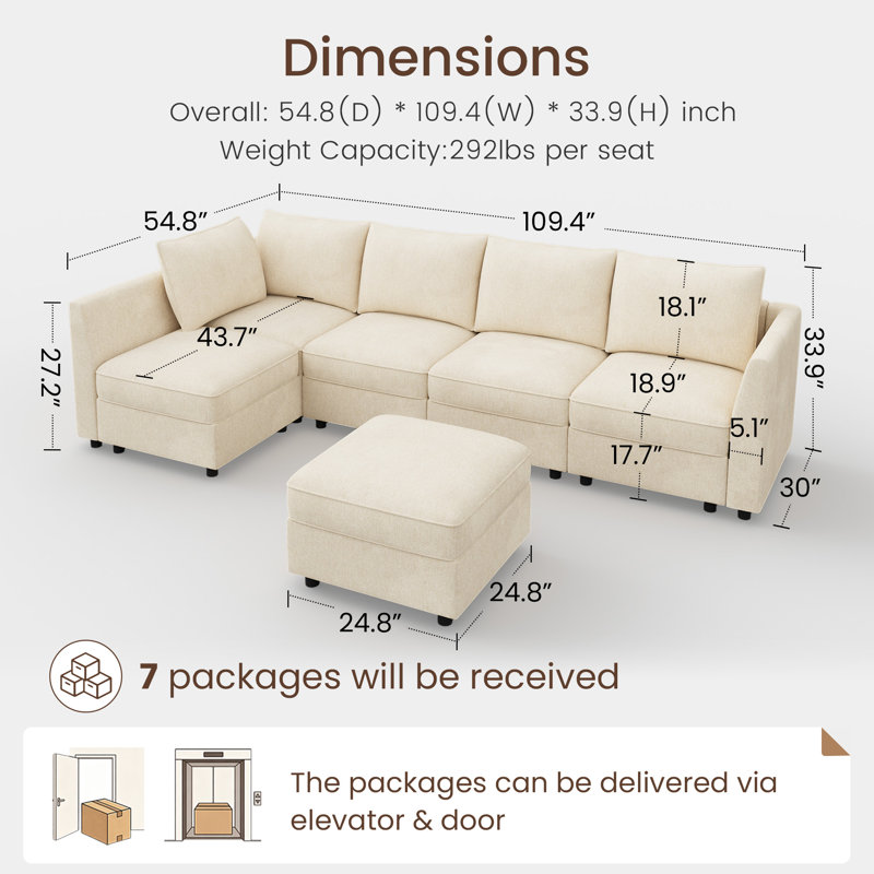 Tremee L-shaped Modular Sleeper Sofa Upholstered Sectional Sofa Couch Beige, Beige Polyester