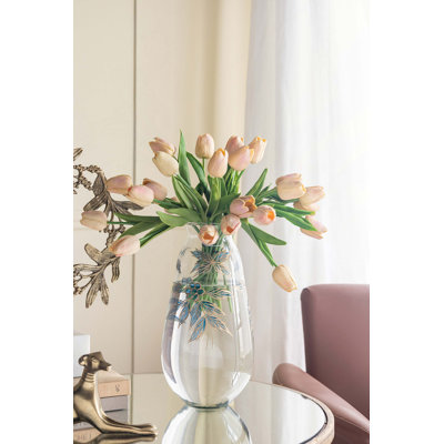 Vase rond en verre transparent avec motifs botaniques bleus et dorés