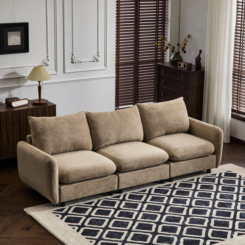 Canapé d'angle modulable 3 places en velours avec structure et ressorts de soutien, idéal pour les moments en famille, couleur camel, modulable jusqu'à 251 cm (99 pouces), en eucalyptus, assise confortable, design nomade, 3 places