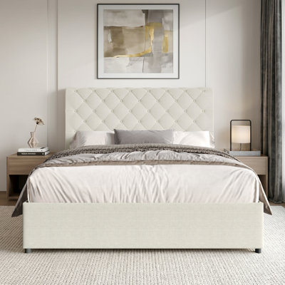QUEEN SIZE PLATFORM LIFT UP STORAGE BED IN BEIGE LINEN