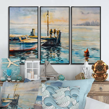Longshore Tides Two Men Fishing At Dusk At The Pier Framed On Canvas 3  Pieces Set