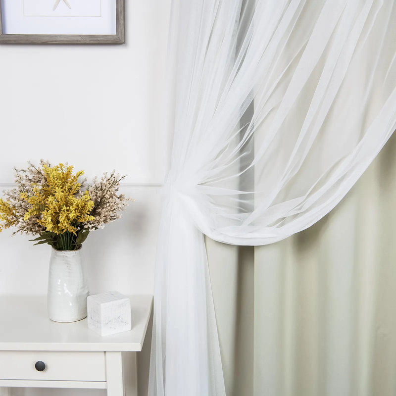 Fortuna Brockham Solid Tulle Overlay Room Darkening Grommet Curtain Panels, Biscuit, 52" W x 63" L