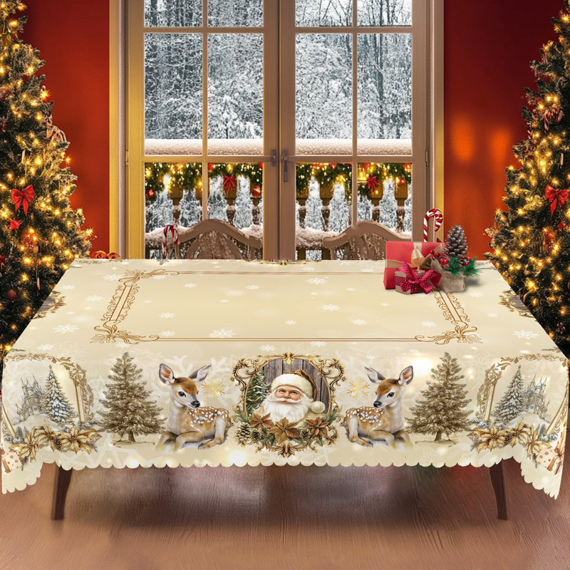 1pc Christmas Themed Print Tablecloth, Round/Rectangular Table Cloth, Mantel Para Mesa De Comedor, Xmas Decor, Holiday Party Indoor Dining Decor, Round Rectangle Christmas Table Cover, Festive Home Kitchen Accessory Gifts, Several Sizes Available