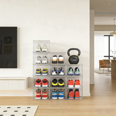 Boîtes de rangement de chaussures rigides améliorées, organisateurs de chaussures empilables en plastique transparent et durable pour placard, vitrine de basket avec portes magnétiques