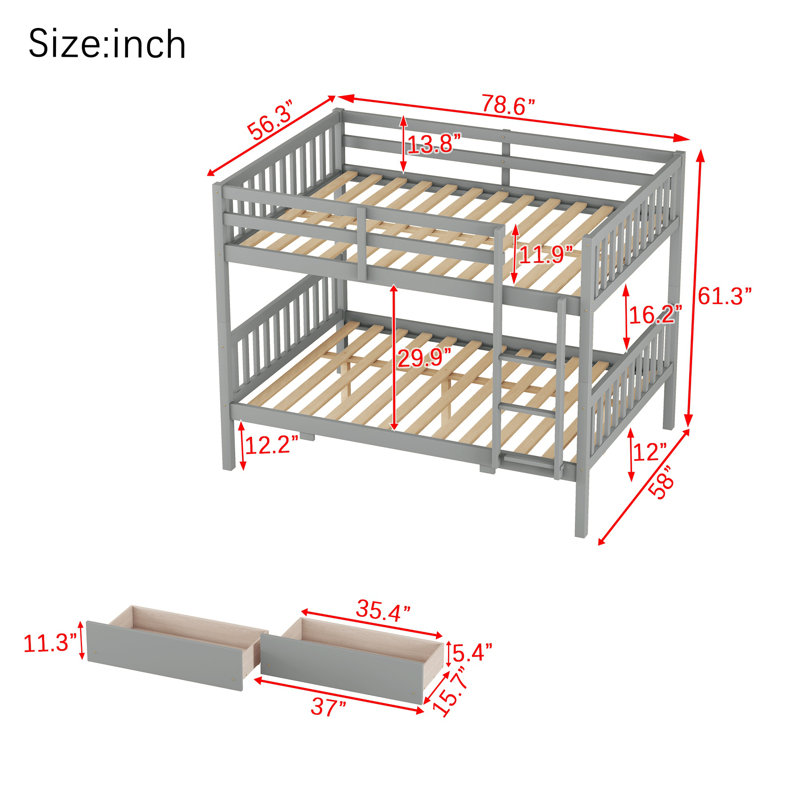 Full Over Full Bunk Bed with 2 Drawers, Ladder & Guardrails, Convertible to 2 Full Beds, Rubberwood Frame,Grey, Gray