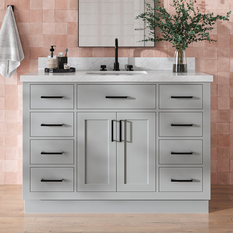 Tidworth 48'' Solid Wood Single Bathroom Vanity with 1.5'' Carrara Marble Top Sink, Gray, Rectangular