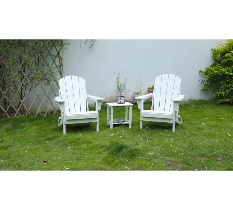 Folding Adirondack Chair with Side Table, 3-Piece Adirondack Chair Set, White (2 Chairs and 1 Table)
