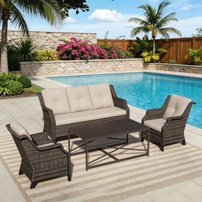 4-Piece PE Wicker Patio Conversation Set with 3-Seat Sofa,2 Chairs,Coffee Table & Beige Cushion