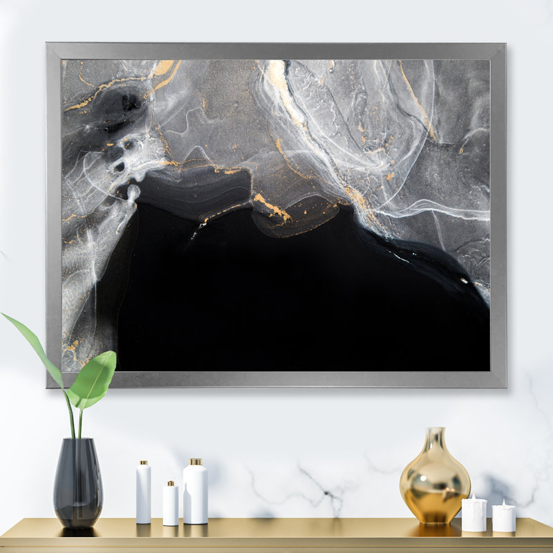Marbre noir et gris Gloden, ondulations d'art II - œuvre d'art moderne sur toile, H 8 po x l 12 po x P 1 po