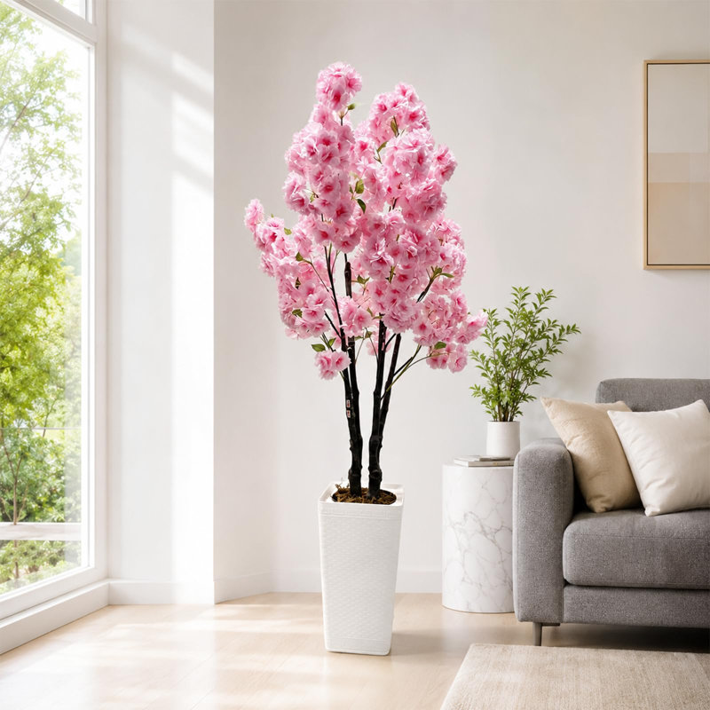 Cerisier artificiel en fleurs de 1,5 m de haut, fleurs en soie rose avec pot blanc, faux arbre printanier pour la décoration du salon, de l'entrée ou du bureau.