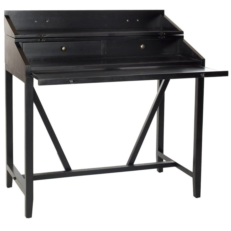 Bureau en bois massif avec rehausse Brileigh, Noir