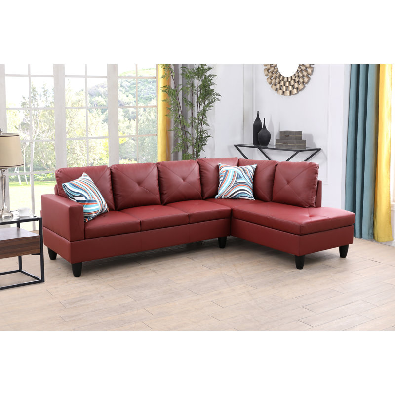 Red Faux Leather 3-Piece Sectional Sofa Set with Chaise, Right Hand Facing, Burgundy Faux Leather