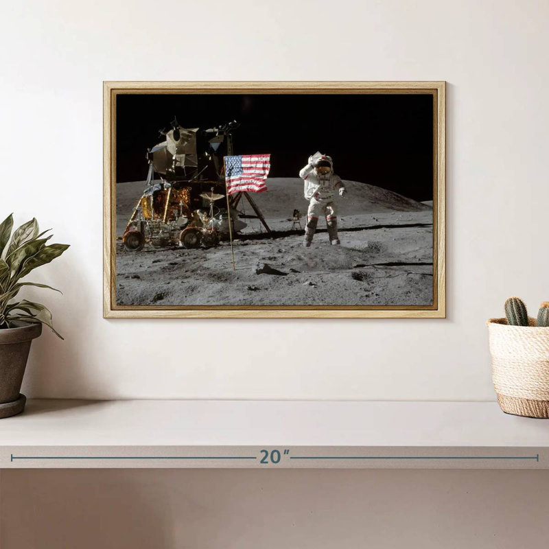 Homme sur la lune IV, 13 po x 9 po, Cadre flottant en bois naturel