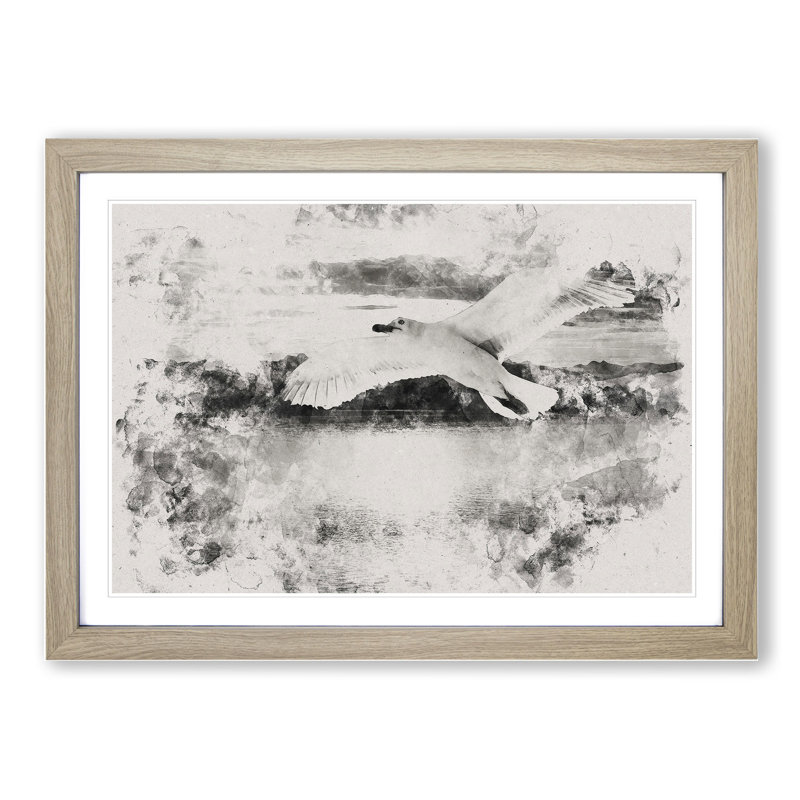 Seagull in Flight Vol.2 Watercolour - Picture Frame Graphic Art, 27cm H x 36cm W x 2cm D, Oak