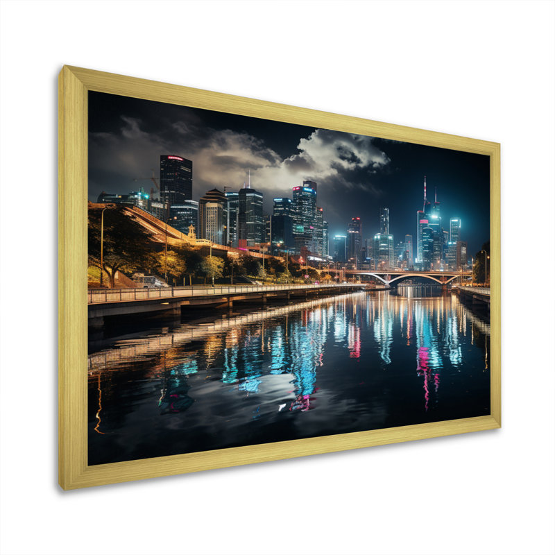 «Houston Beautiful Cityscape Photo», reproduction sur toile, H 30 po x l 40 po x P 1,5 po, Encadrement doré