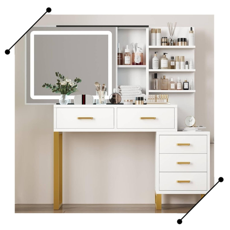 Bureau de coiffeuse avec miroir, station de charge de maquillage, Blanc
