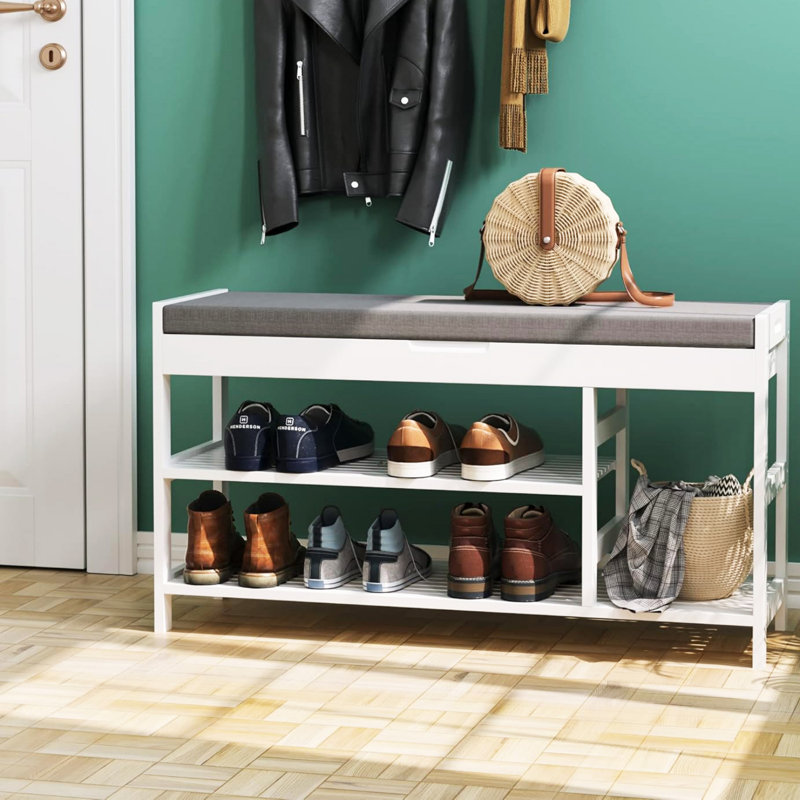 Bamboo Shoe Bench Rack with Storage, White