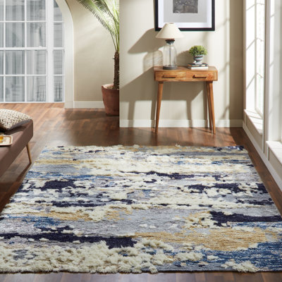 Tapis bleu en laine noué à la main Emely