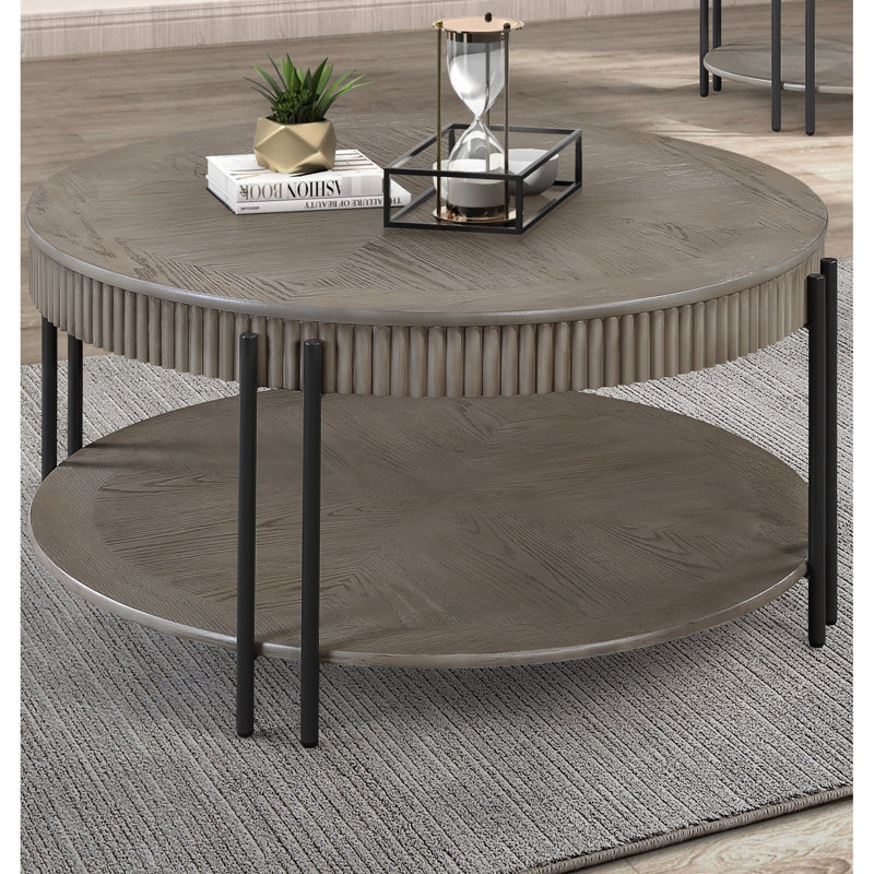 Table basse contemporaine contemporaine en brun brun clair - avec tablette de rangement ouverte en métal et bois brun / brun clair