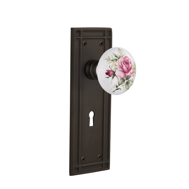 Meadows Plate with Decorative Keyhole and White Rose Porcelain Door Knob, Satin Nickel, 2-3/4”