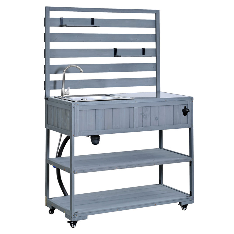 (With Assembly Video) TOPMAX 41.7'' Large Patio Rolling Kitchen Island Solid Wood Kitchen Cart with Sink, Garden Potting Bench with Stainless Table Top, 2 Movable Shelves and 1 Bottle Opener,Gray
