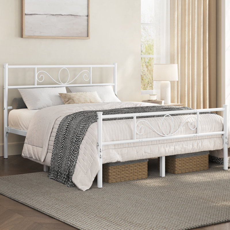 Metal Bed Frame with Headboard/Under-Bed Storage, Double (4'6), White