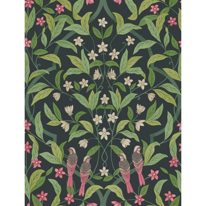Floral Wallpaper Roll, Rose/Green/Viridian
