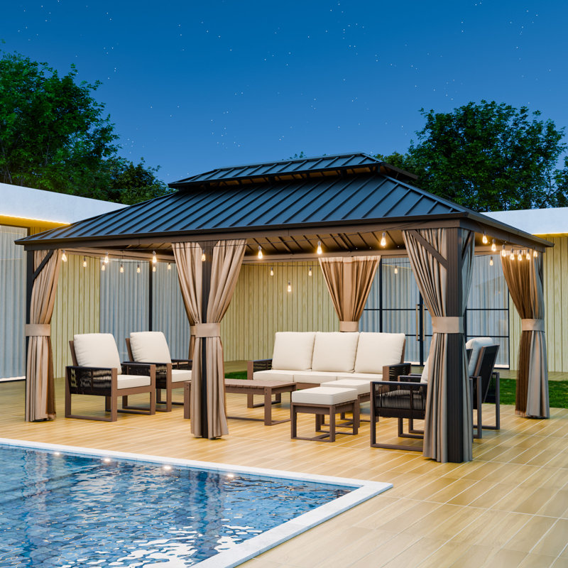 Hardtop Double Roof Aluminum Patio Gazebo with Netting & Curtains, 114''H x 216''W x 144''D