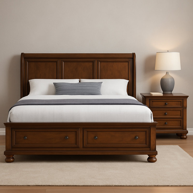 Ensemble de chambre en bois Eedie, Grand lit, Deux articles : lit, table de chevet