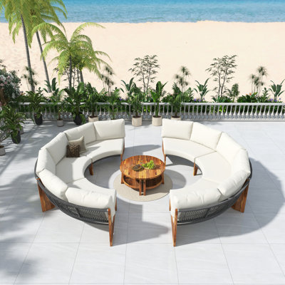 3-Piece Outdoor Patio Sofa Set, 6-Seater Semi-Circle Conversation Set With Acacia Wood Coffee Table & Waterproof Cushions, Weather-Resistant Sectional Couch For Garden Backyard Poolside，Beige