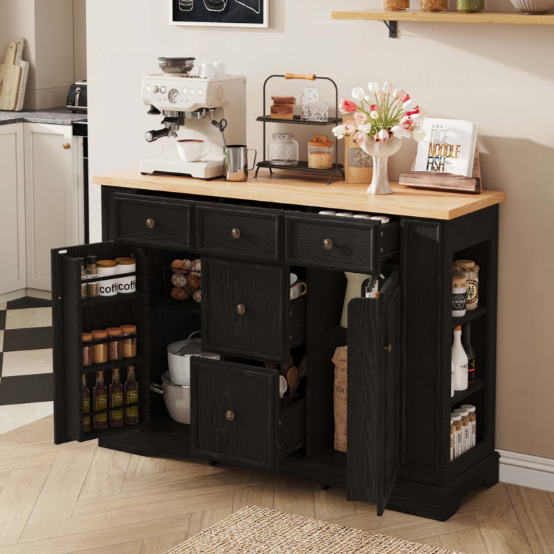 Buffet avec rangement, console de cuisine avec 5 tiroirs, 2 armoires, tablettes réglables, buffet pour la salle à manger, le salon, le vestibule