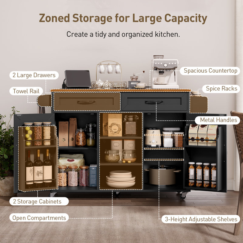 43.3'' Kitchen Island with Power Outlets & Drop Leaf, Rolling Kitchen Cart with Drawer and Spice Rack, Black/Brown