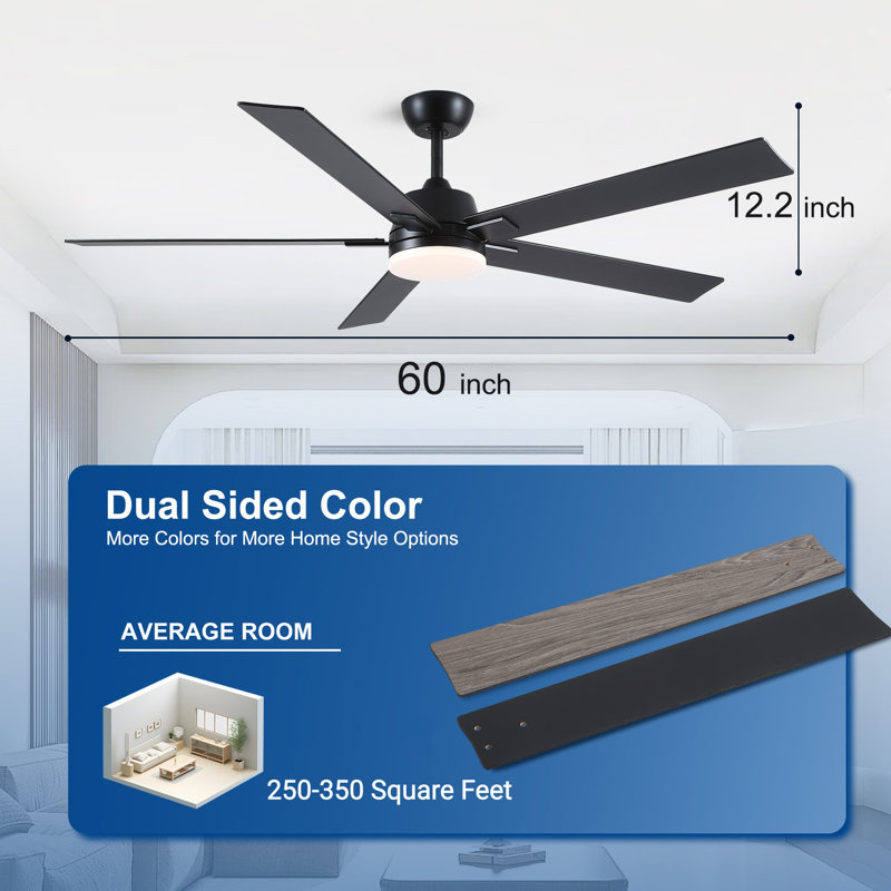 Élégant ventilateur de plafond à fixation verticale avec lumière DEL, moteur réversible et télécommande, Noir mat, Noir mat