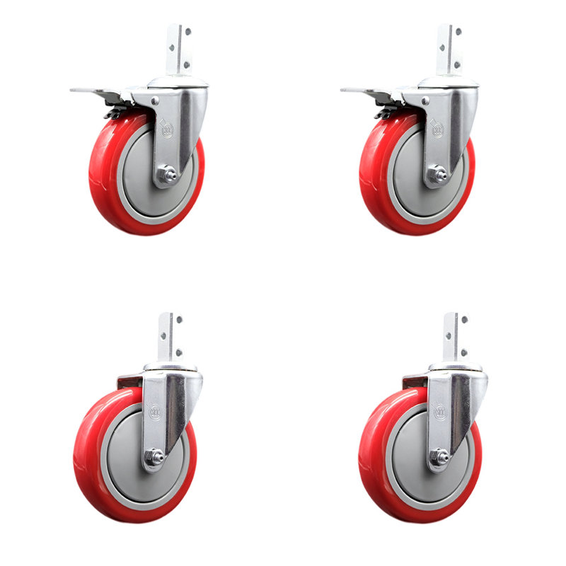 Ensemble de roulettes à tige carrée en poly pivotant 2 freins Total Lock, Rouge
