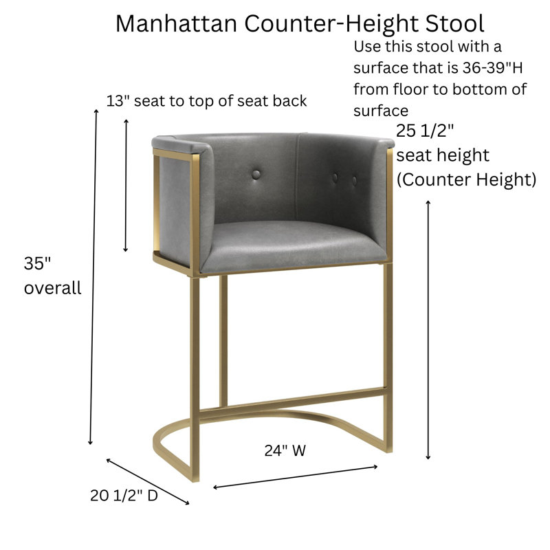 Manhattan 26in. Counter Stool – Tobacco Brown Faux Leather with Brass-Finish Base, Counter Stool (26" Seat Height), Gray