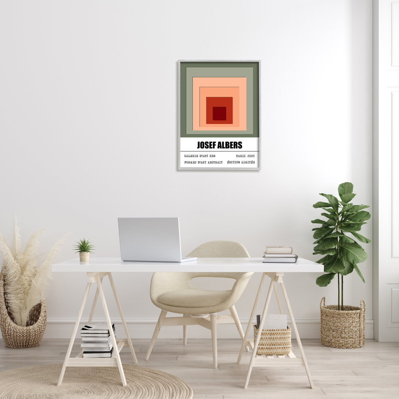 Abstraction moderne des carrés superposés Albers rouge, vert rosé, H 30 po x l 24 po, Estampe numérique Farmhouse