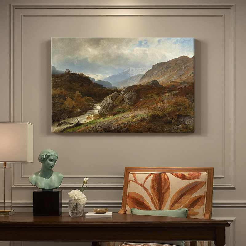 Hans Gude «Mountain River Landscape with Sheep» - Art mural sur toile tendue de qualité musée, 32 x 48