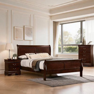 Transitional Louis Philippe Sleigh Design Solid Wood Queen Size Bed Frame for Primary Bedroom Use