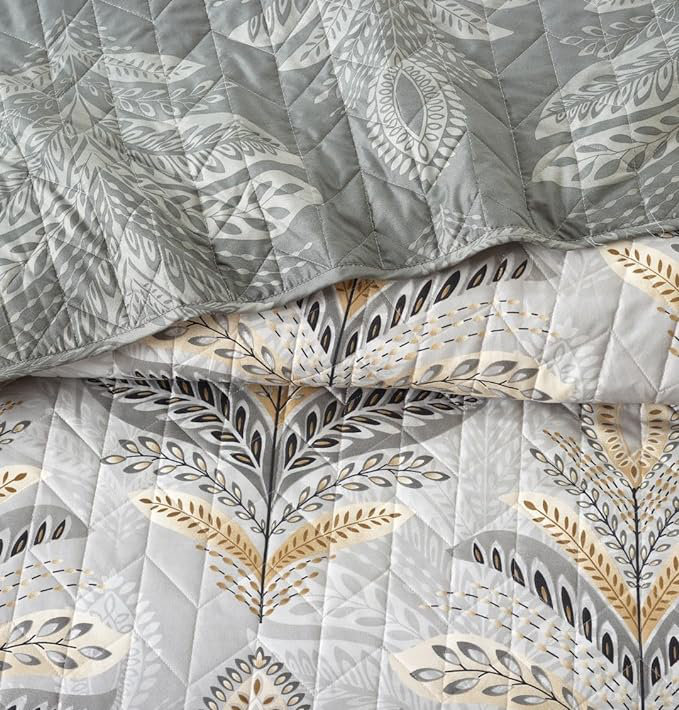 Andrena Bedspread with Pillow Shams Included, Floral, Super King Bedspread + 2 Standard Pillow Shams, Silver