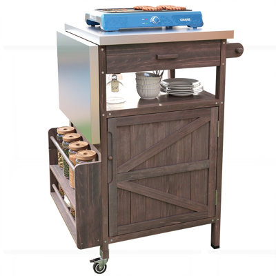 Chariot de barbecue extérieur 40,5 po avec plateau en acier inoxydable, armoire de rangement d'extérieur en bois massif avec abattant, un tiroir, porte-serviettes, chariot de cuisine roulant avec roues verrouillables pour jardin gazonné