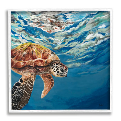 Tortue de mer nageant à la surface des vagues de l'océan par Stacy Gresell - peinture sur toile à cadre flottant