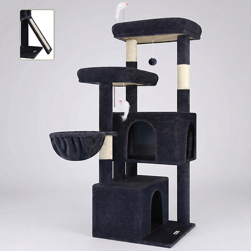 Structure d'escalade pour chat de 55 pouces, convenant à un arbre à chat multicouche pour plus de 4 chats, avec 2 condos, poteaux à griffer en sisal et hamac, structure stable et structure d'escalade intérieure peu encombrante.