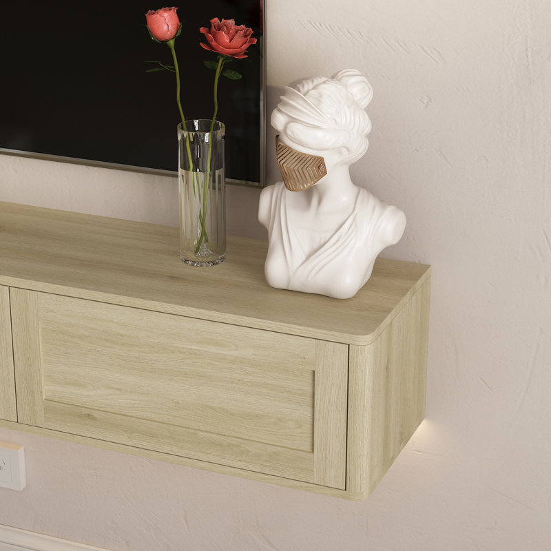Meuble télé flottant mural avec lumières DEL Armoire en bois ultrabrillante pour prise de courant pour salon