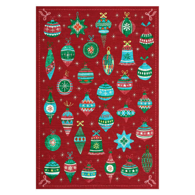 8x10ft Washable Christmas Ball Print Accent Rug w/ Non-Slip Backing,Stain-Resistant Low Pile Xmas Holiday Carpet